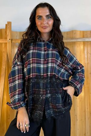 Zeta Otto Brushed Cotton Boxy Plaid Lace Blouse /8=